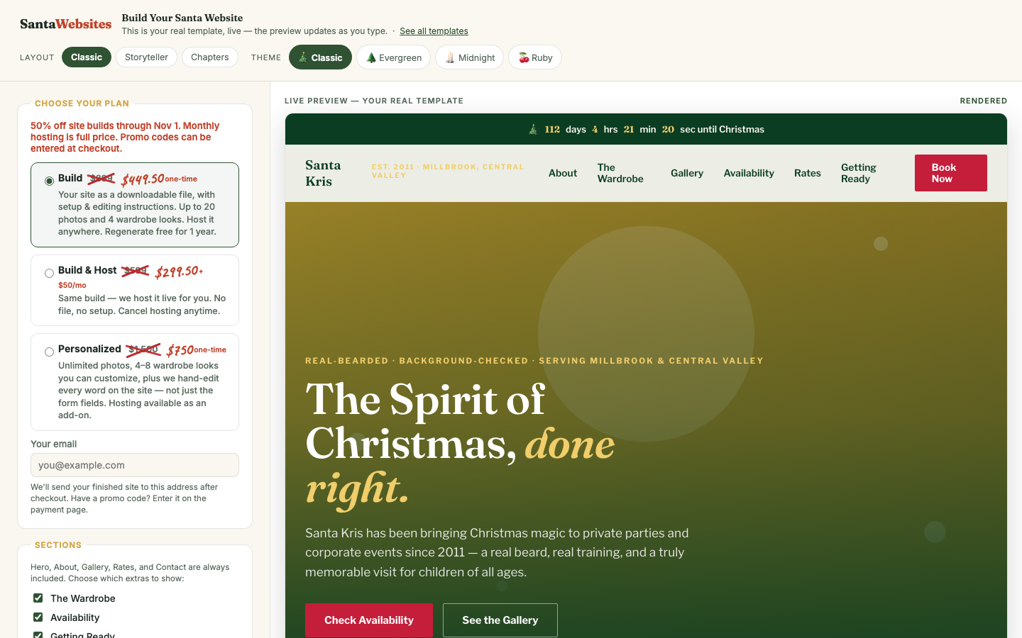 Santa website builder with Classic layout selected and a live preview of a booking-ready Santa Kris site