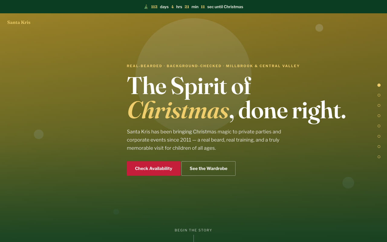 Chapters Santa website template with a full-bleed green hero and Begin the Story scroll cue
