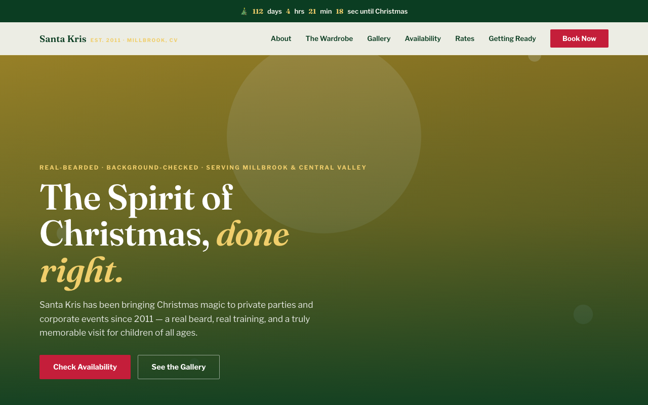 Classic Santa website template with top navigation, Book Now, and a festive hero for Santa Kris