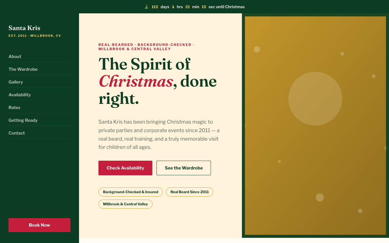 Storyteller Santa website template with a sidebar nav and split hero for Santa Kris
